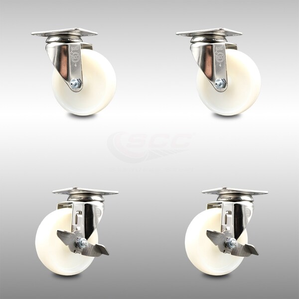 4 Inch 316SS Nylon Wheel Swivel Top Plate Caster Brakes, 2PK